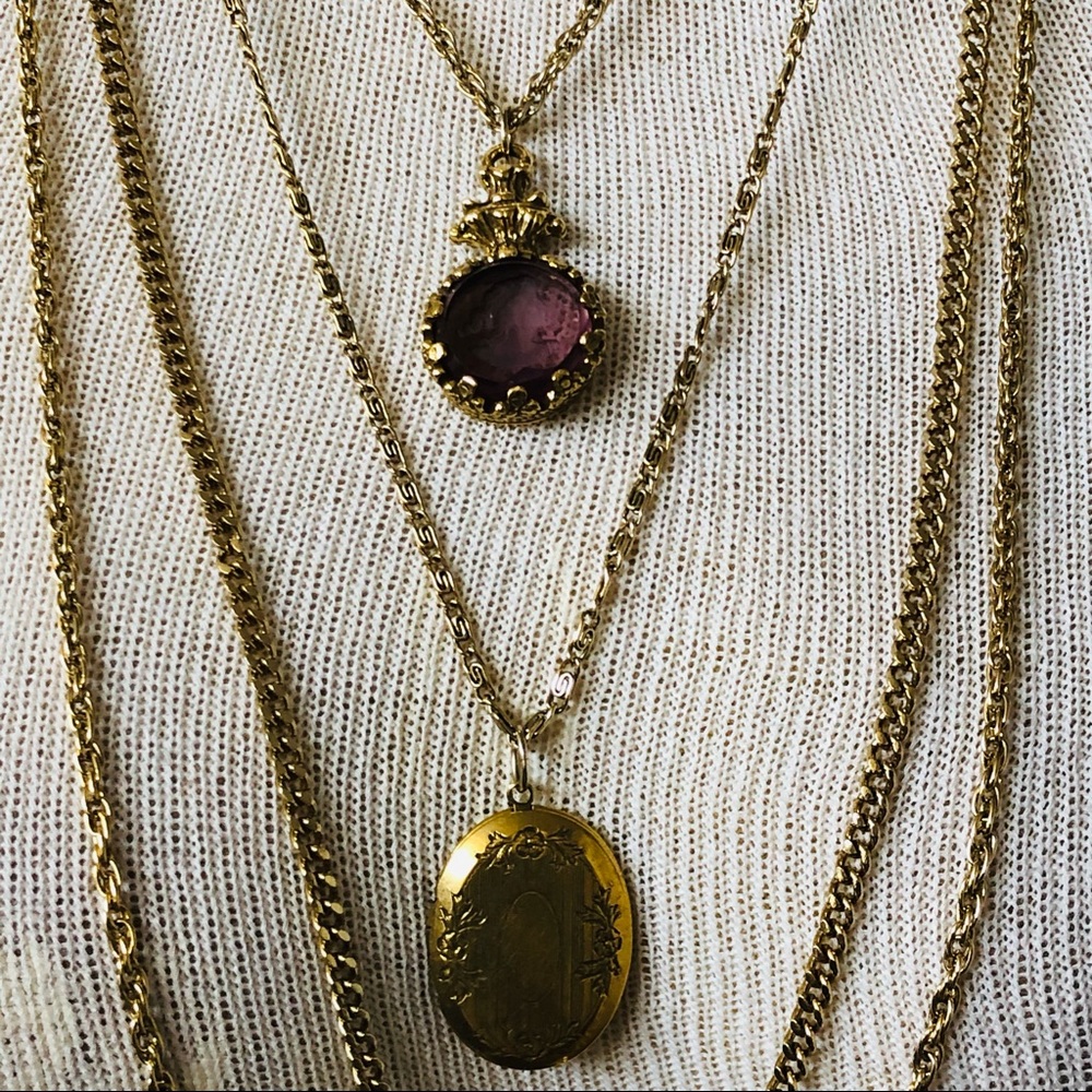 Vintage Layered Gold Tone 4-Strand Necklace with Intaglio Cameo and Locket